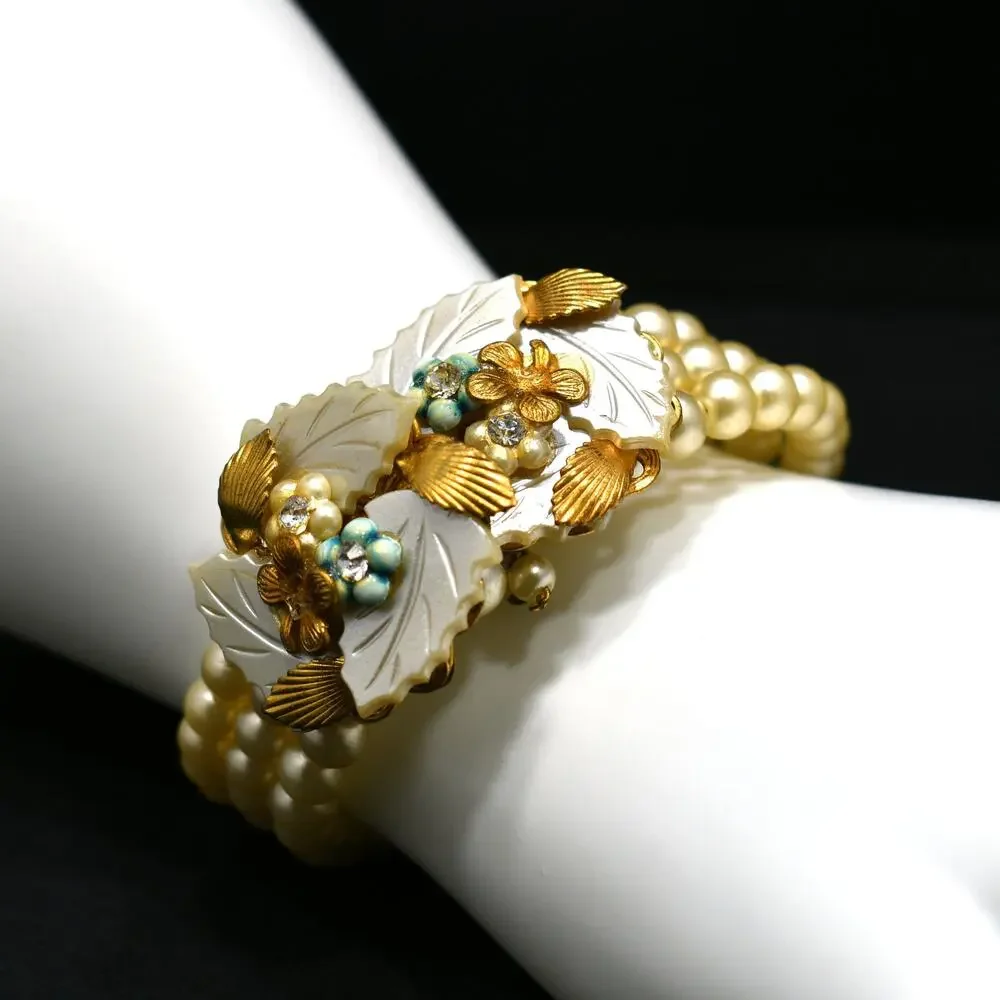 Vintage Faux Pearl Memory Wire Bracelet, Hand Carved Leaves, 1960s
